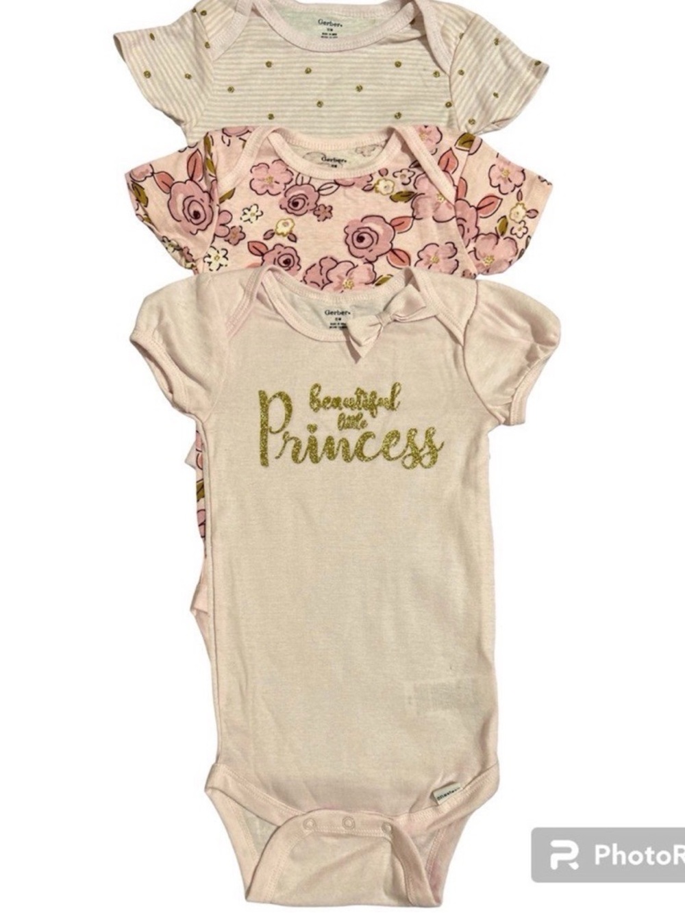 Gerber Baby Girl 3-Pack Bodysuits Pink Floral “Beautiful Like Princess” 12M